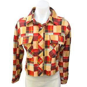 NEW Gilded Intent Multicolor Check Plaid Flannel Button Crop Shirt Blouse Top XS
